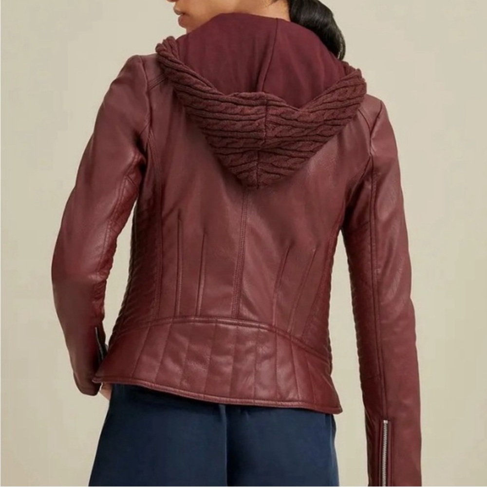 Guess burgundy leather jacket with sweater zip hoodie